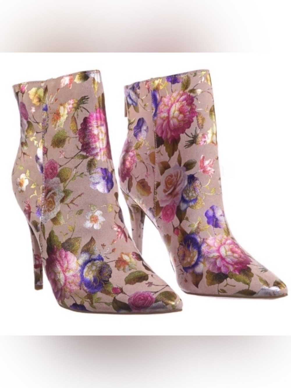 Anne Michelle Pink Floral Pointed-Toe Stiletto Ankle Boots - Size 8